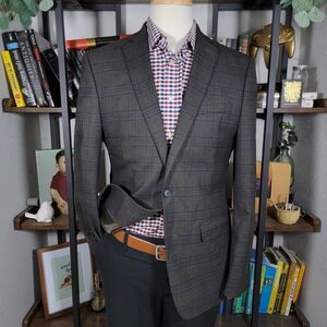 Van Heusen Men's Sport Coat Blazer Two Button Brown Navy‎ Plaid Slim Fit 40R